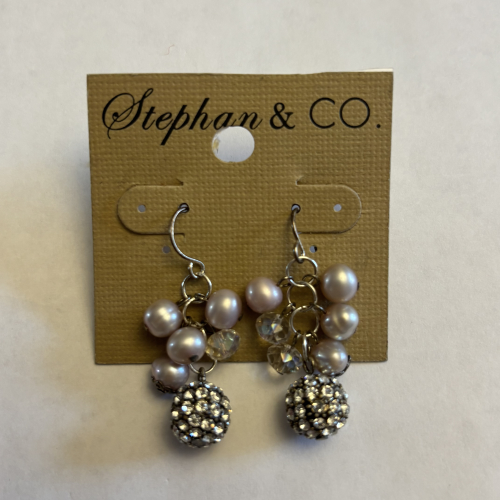Stephan & Co. Faux Pearl Crystal Cluster Drop Earrings NWT